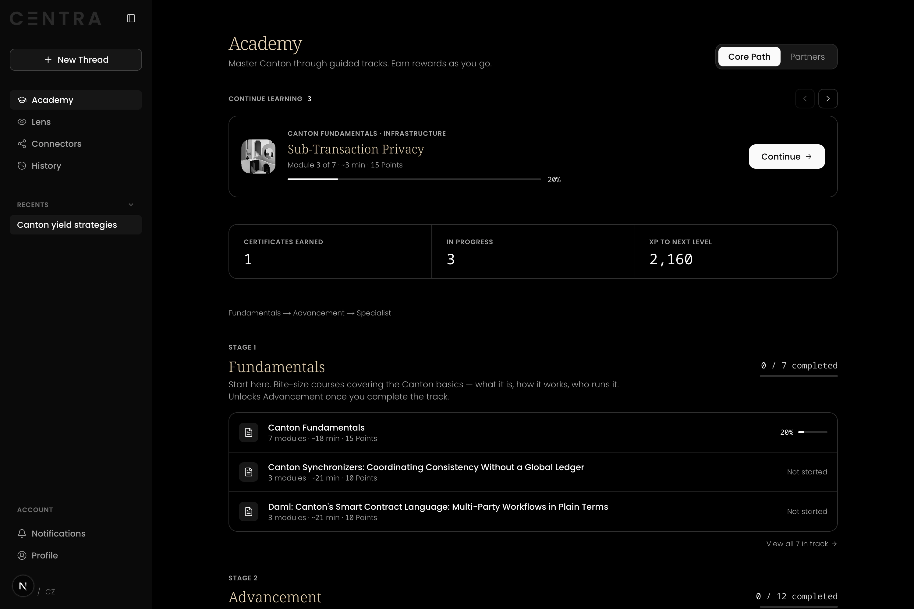 Centra Academy — guided Canton learning tracks with XP, certificates, and a Fundamentals-to-Specialist ladder.