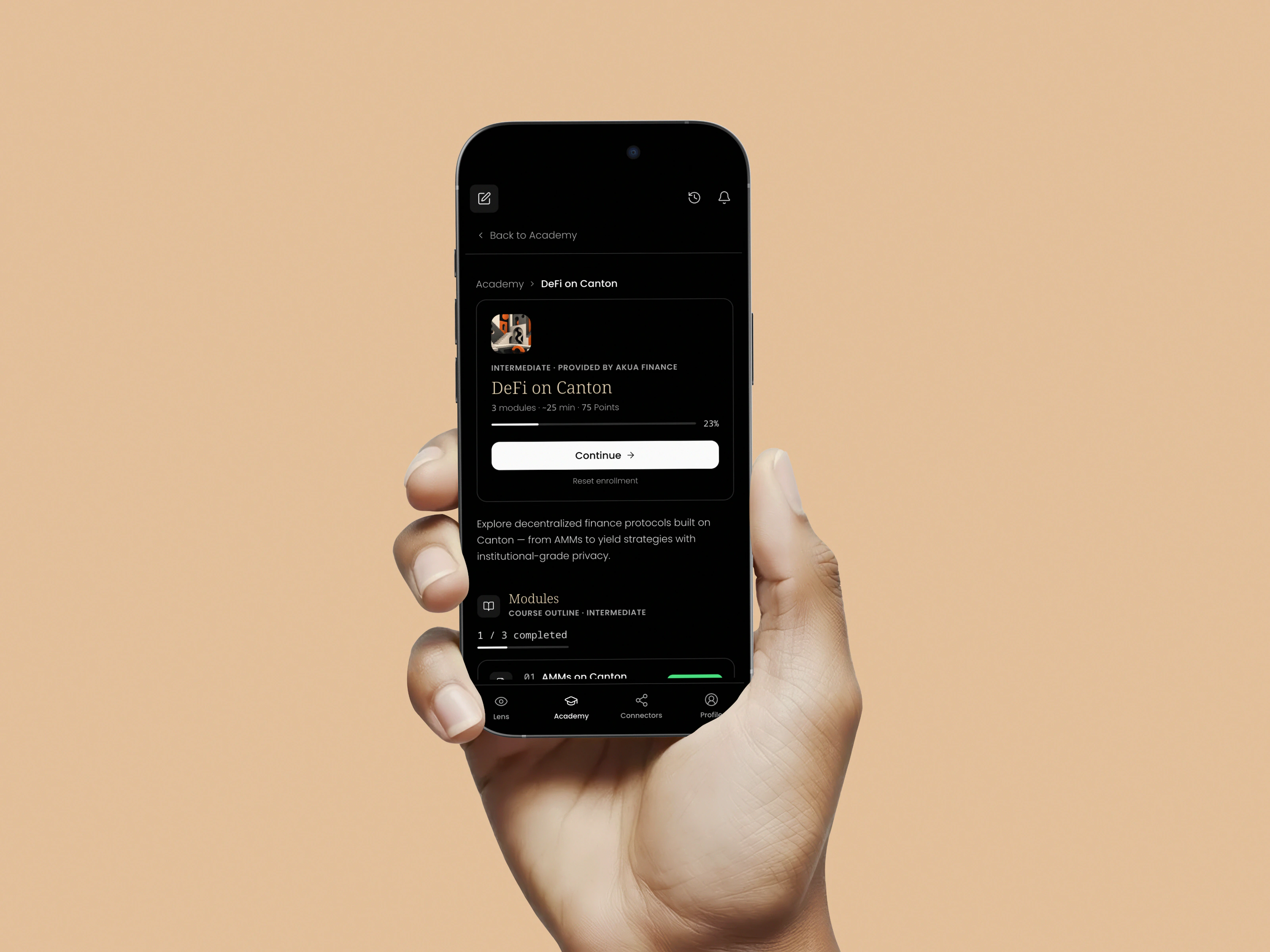 Centra Academy on a phone held in hand — a 'DeFi on Canton' course, on the brand's warm backdrop.
