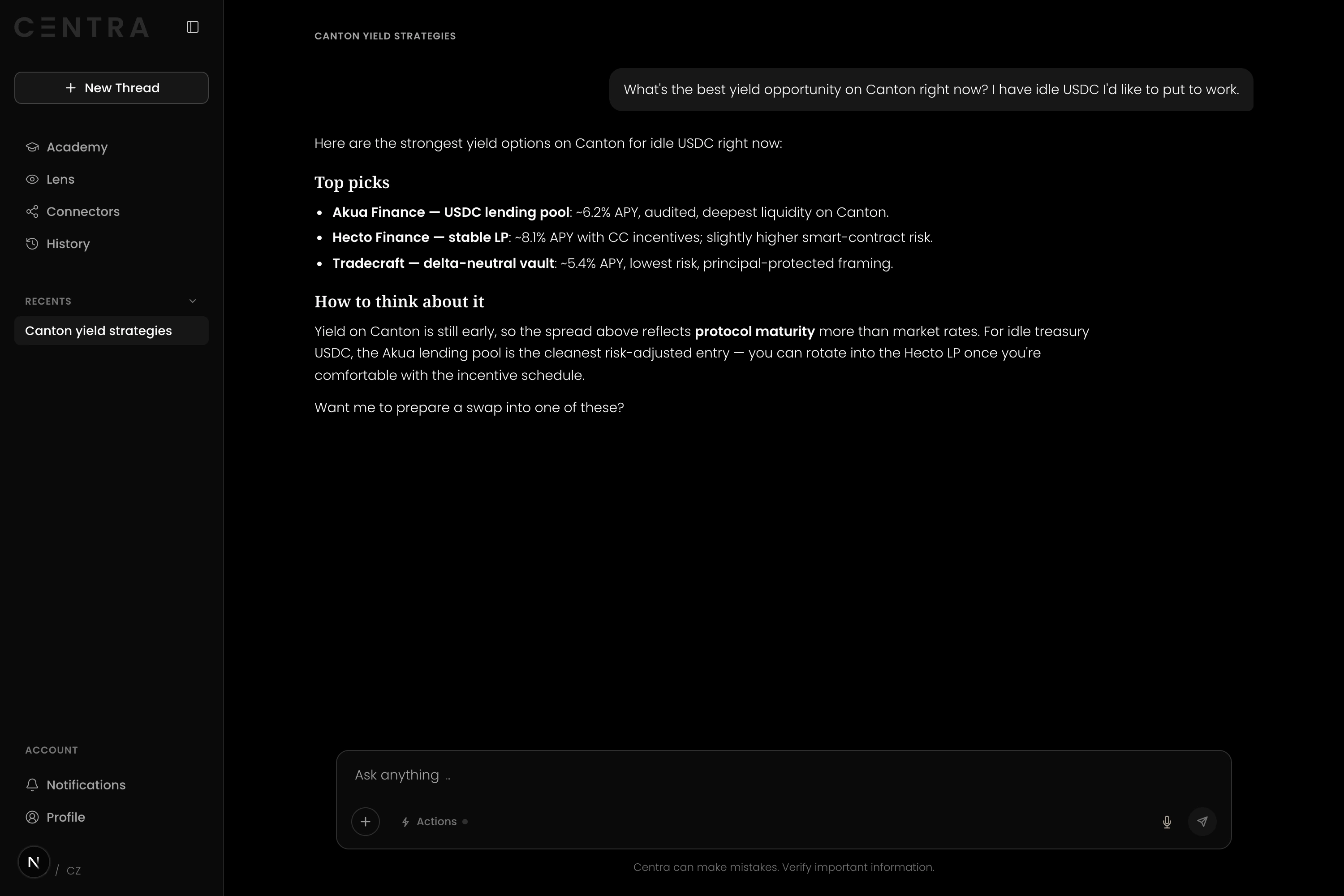 Centra Threads — a conversational surface that routes an action across Canton protocols for the user's wallet to sign.