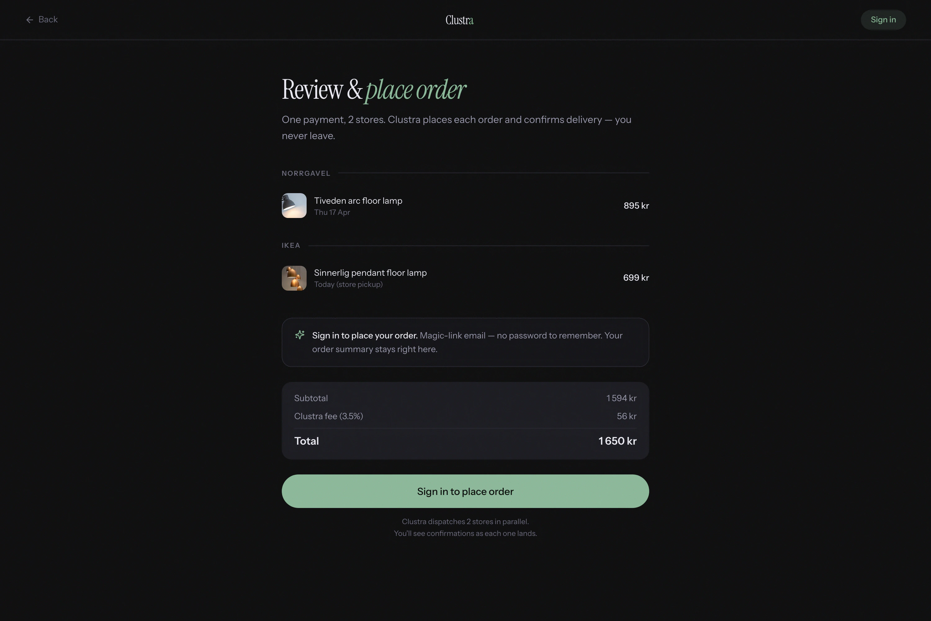 Clustra checkout — review and place one order across two stores, paid once.