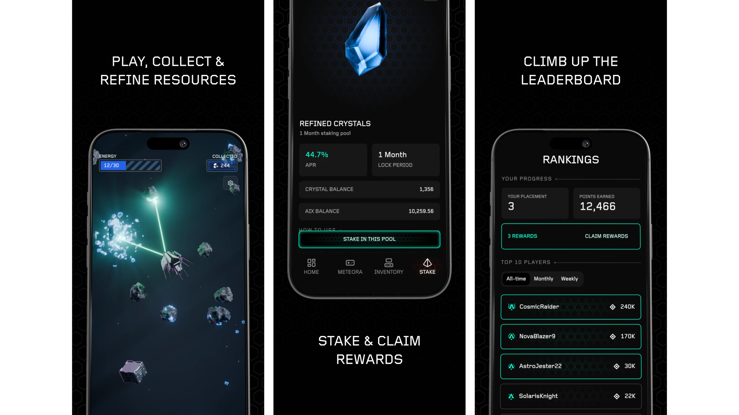 IX Meteora's three core features — play to collect and refine resources, stake and claim rewards, and climb the leaderboard.