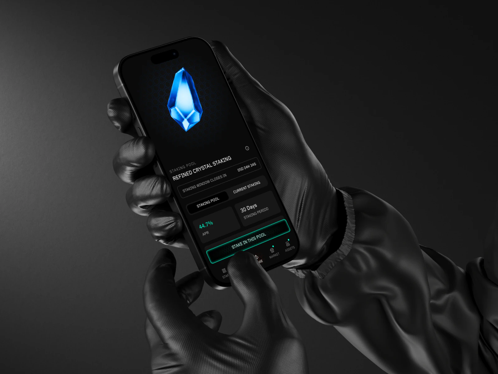 Planet IX — the refined-crystal staking flow on a phone, in the new crystal brand.