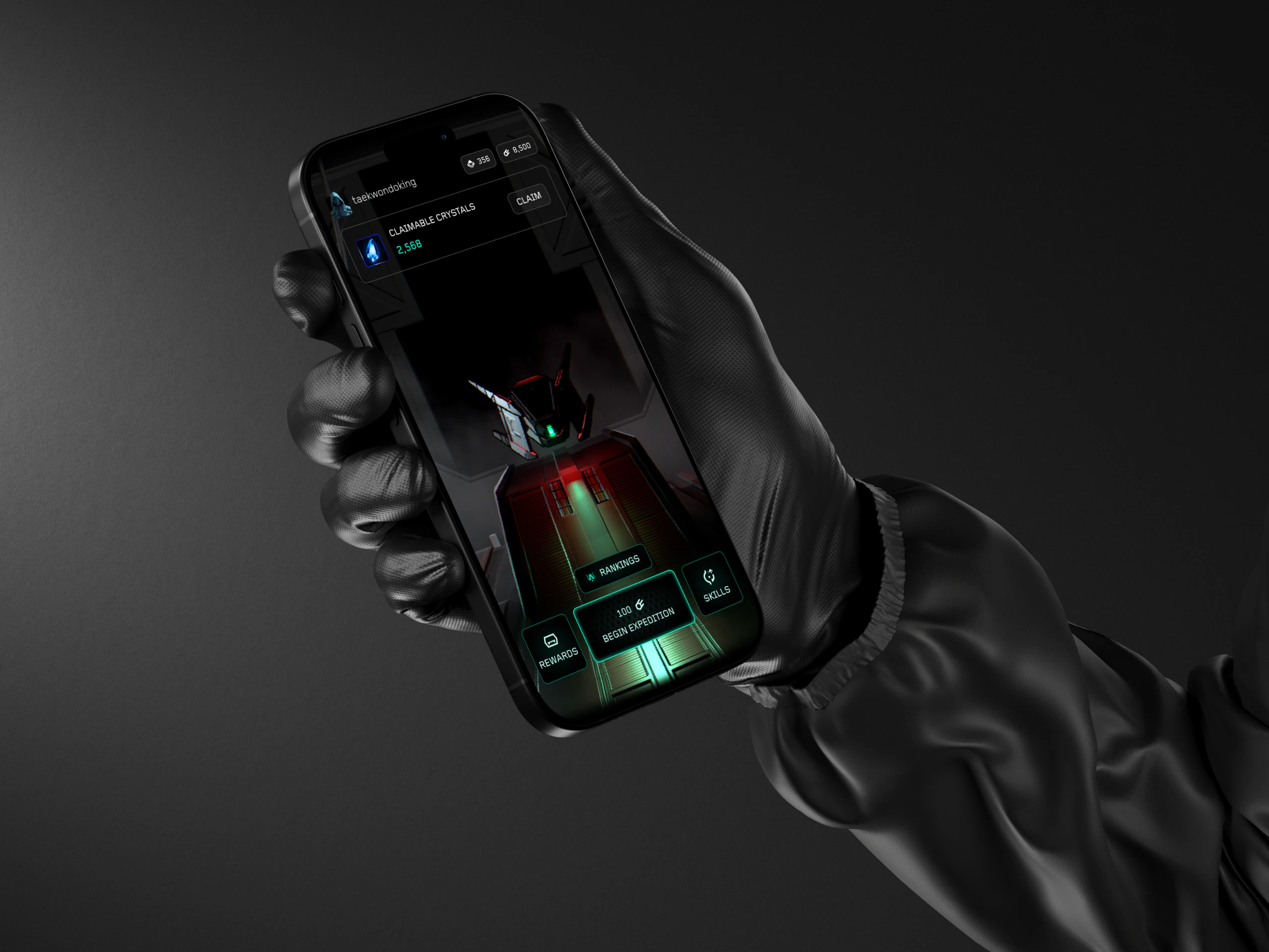 IX Meteora art direction — a gloved hand holding the game's launch screen, lit in the crystal palette.