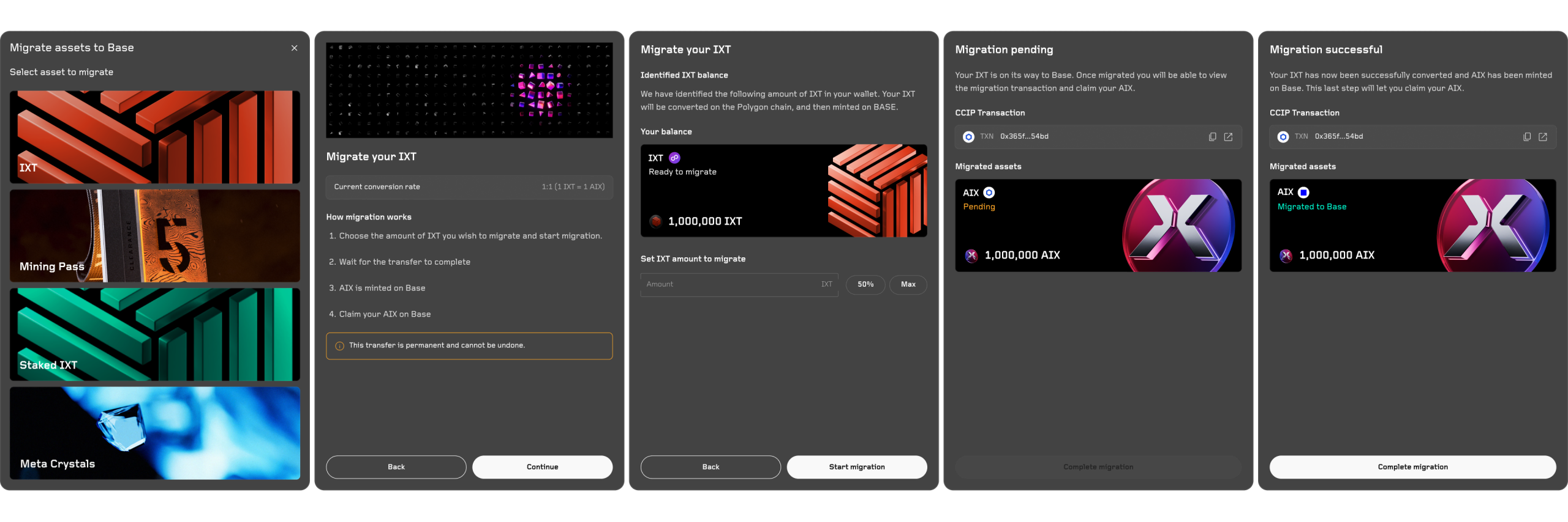 The migration flow — select an asset to migrate, a guided flow per asset, processing, and success.