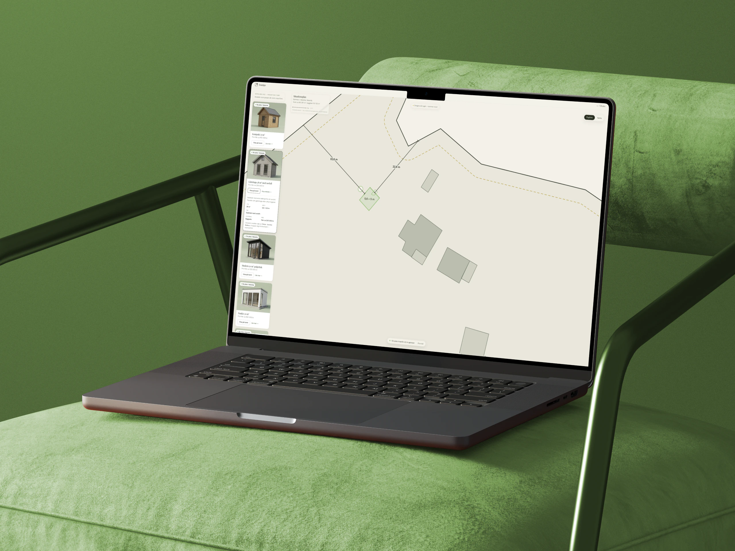 Tomtigo on a laptop resting on a chair — the plot and site-plan view, in a real home.